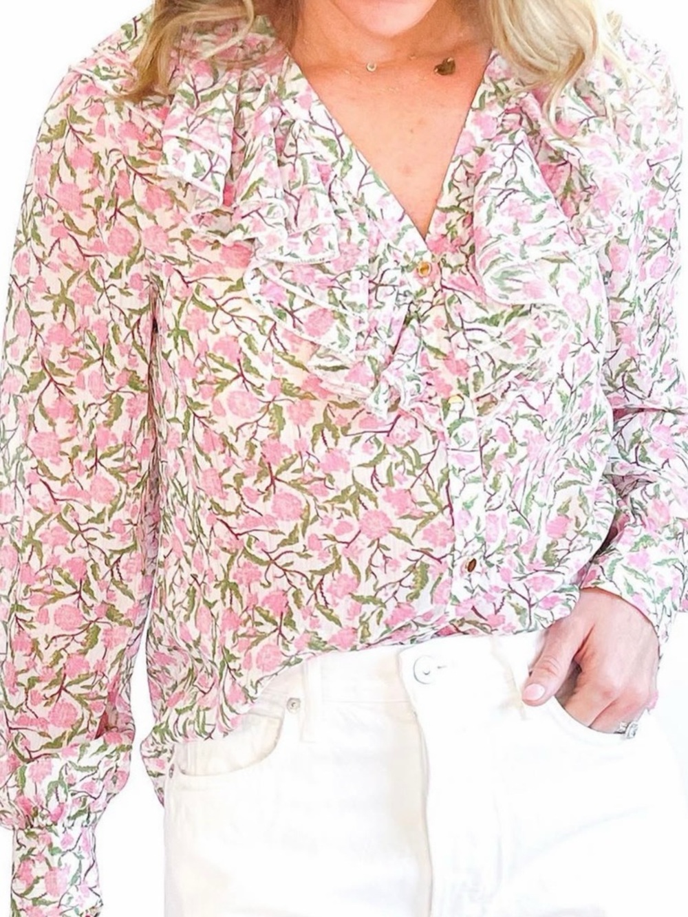 Zara Pink Floral Ruffle V-Neck Blouse, M